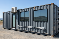 Modified shipping container with windows, doors, and HVAC